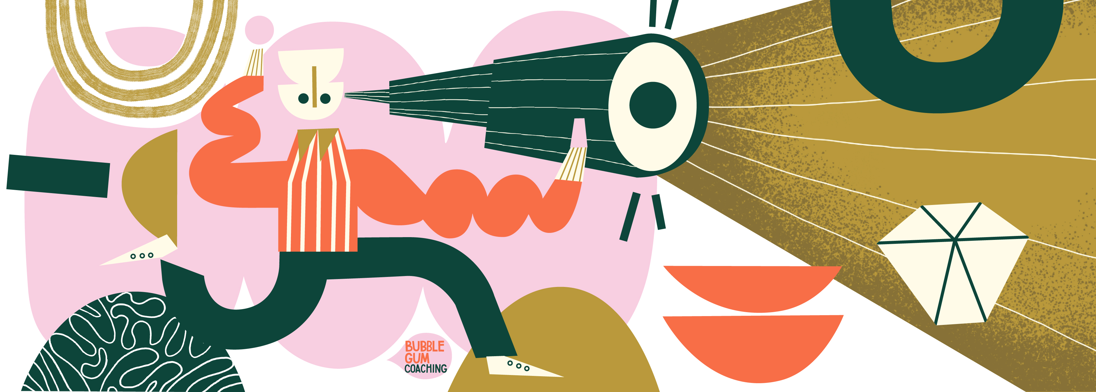 BubbleGum Coaching illustration — a figure looking through a telescope surrounded by geometric shapes in the brand's pink, gold and green palette